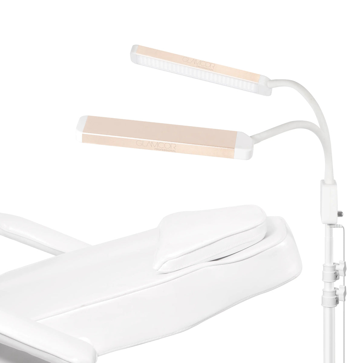 White Gold ELITE X portable LED beauty light, white gold finish, lash treatment setup