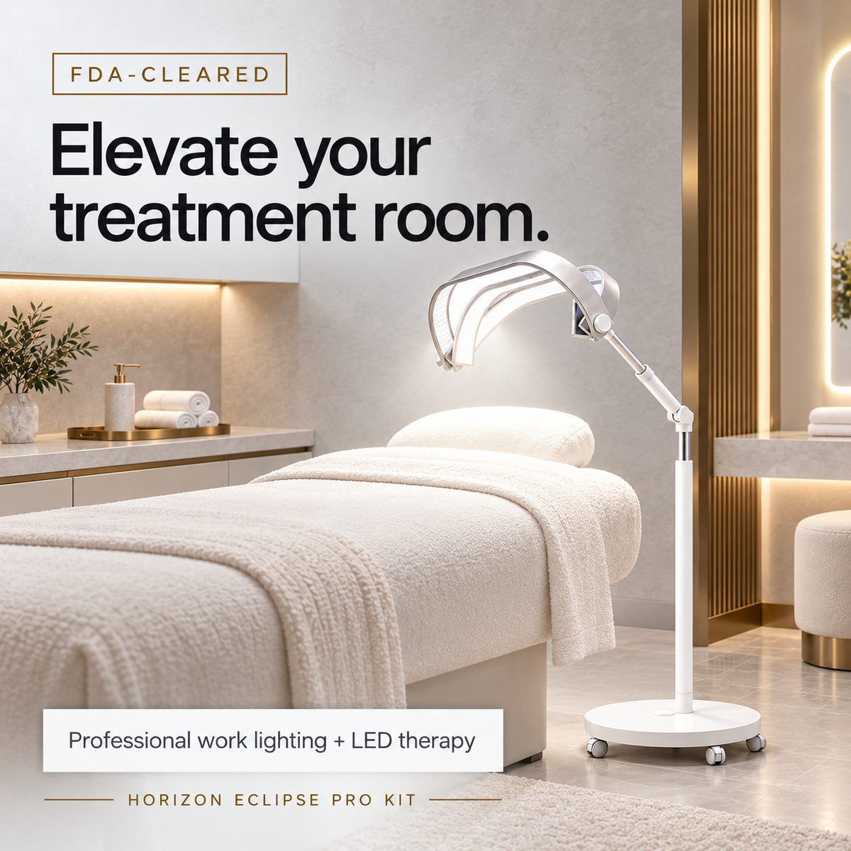 GLAMCOR HORIZON Eclipse Pro Kit in a spa treatment room - professional work lighting and LED therapy