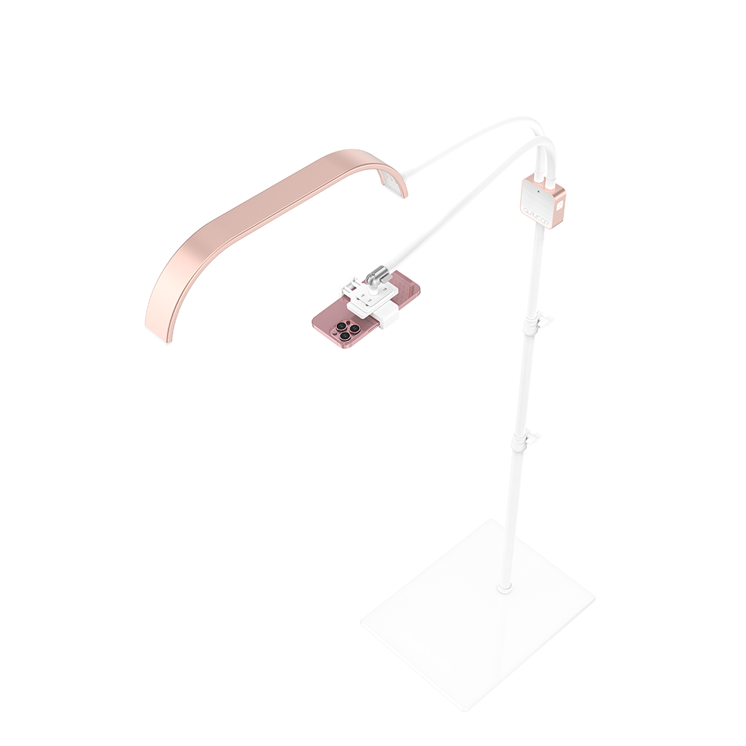 Rose gold Glamcor HORIZON LED curved light kit, offering smooth dimming capabilities and a flexible arm for optimal lighting