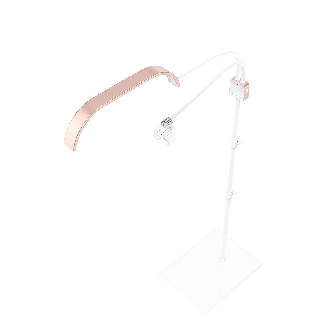 Glamcor HORIZON LED curved light in elegant rose gold, designed for professional estheticians with fully adjustable lighting.