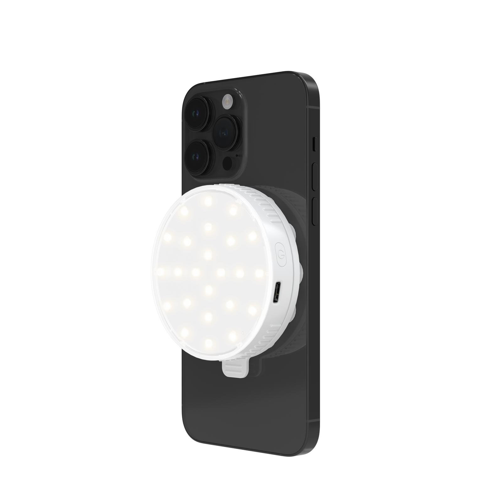 GLAMCOR Meteor Mini panel light attached to a phone for perfect selfies and content creation