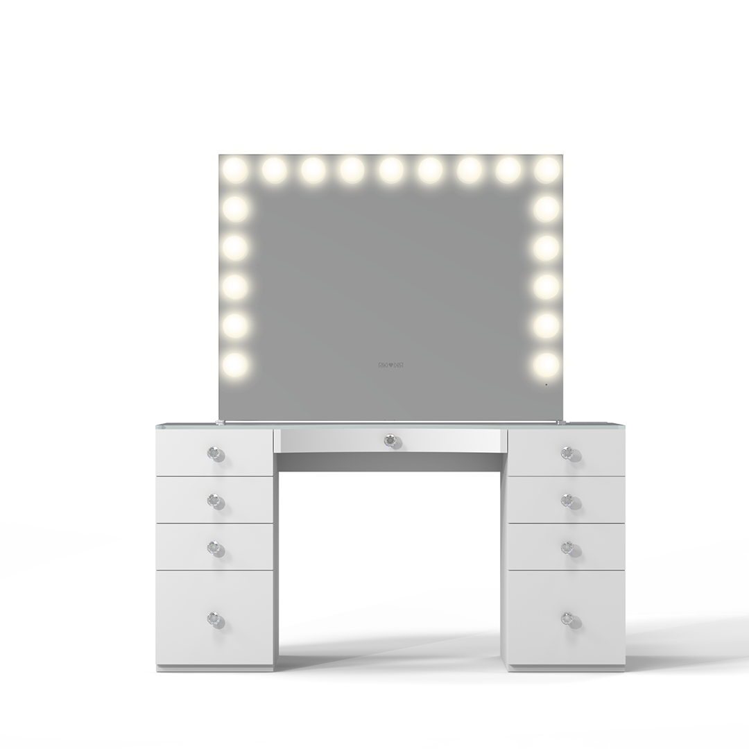 High-definition RIKI Hollywood Mirror on the GLAMCOR Power Vanity offers better lighting than Impressions Vanity.