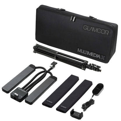Complete GLAMCOR MULTIMEDIA X Pro Kit in black, sleek and modern design with Universal Phone Clip and on-board USB fast charging port, the ultimate lighting solution for content creators.