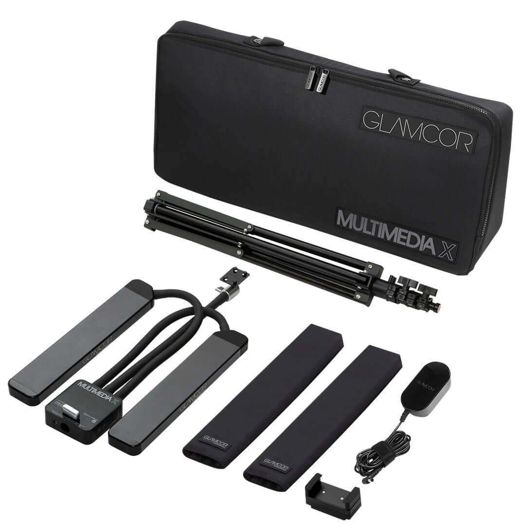 Complete GLAMCOR MULTIMEDIA X Pro Kit in black, sleek and modern design with Universal Phone Clip and on-board USB fast charging port, the ultimate lighting solution for content creators.