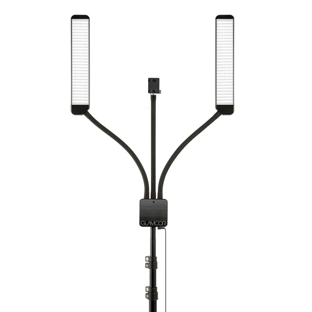 GLAMCOR MULTIMEDIA X Pro Kit  highlighting its sleek, compact LED multimedia light kit design, perfect for estheticians and makeup artists requiring high-quality lighting kits for their work.