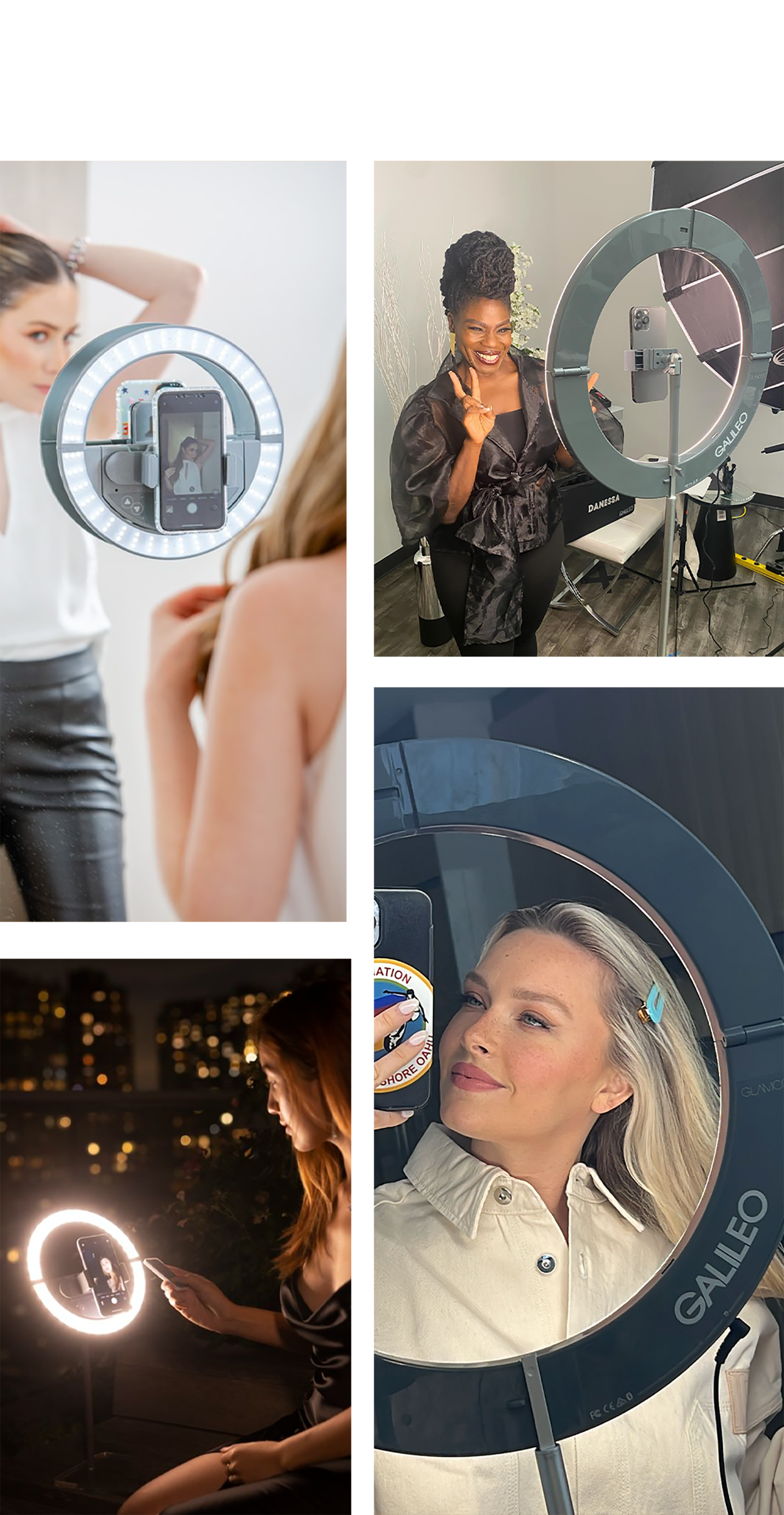 Collage showing four women using the SUNRISE and GALILEO foldable and travel-friendly ring lights in various ways. 
