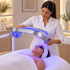 Esthetician using HORIZON ECLIPSE Blue Light + Near-Infrared on a client
