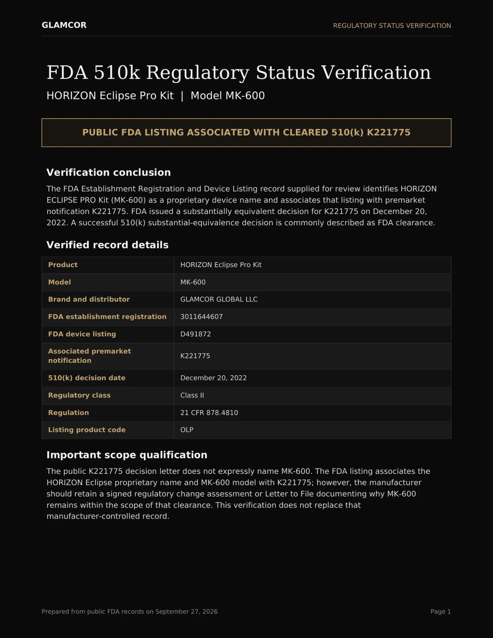 First page of the HORIZON Eclipse Pro Kit FDA 510(k) regulatory status verification