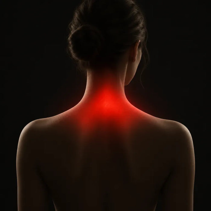 Illustration of the shoulder and upper back with a red glow marking irritation