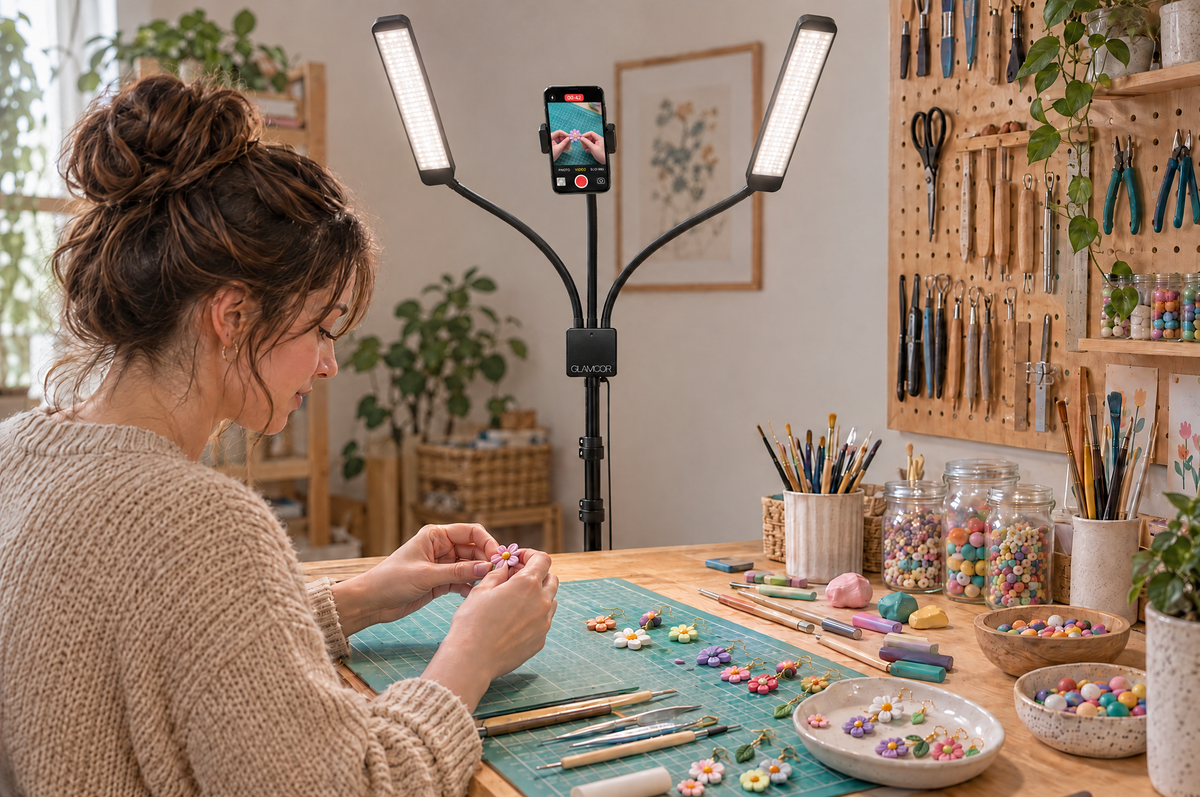 Crafter shaping clay at a craft workstation lit by the MULTIMEDIA X