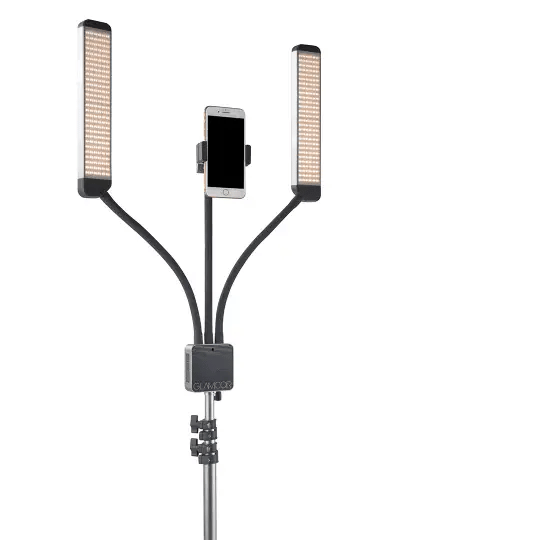 GLAMCOR MULTIMEDIA X in black, showing its modern design and Universal Phone Clip, the preferred choice for professionals seeking versatile lighting solutions.