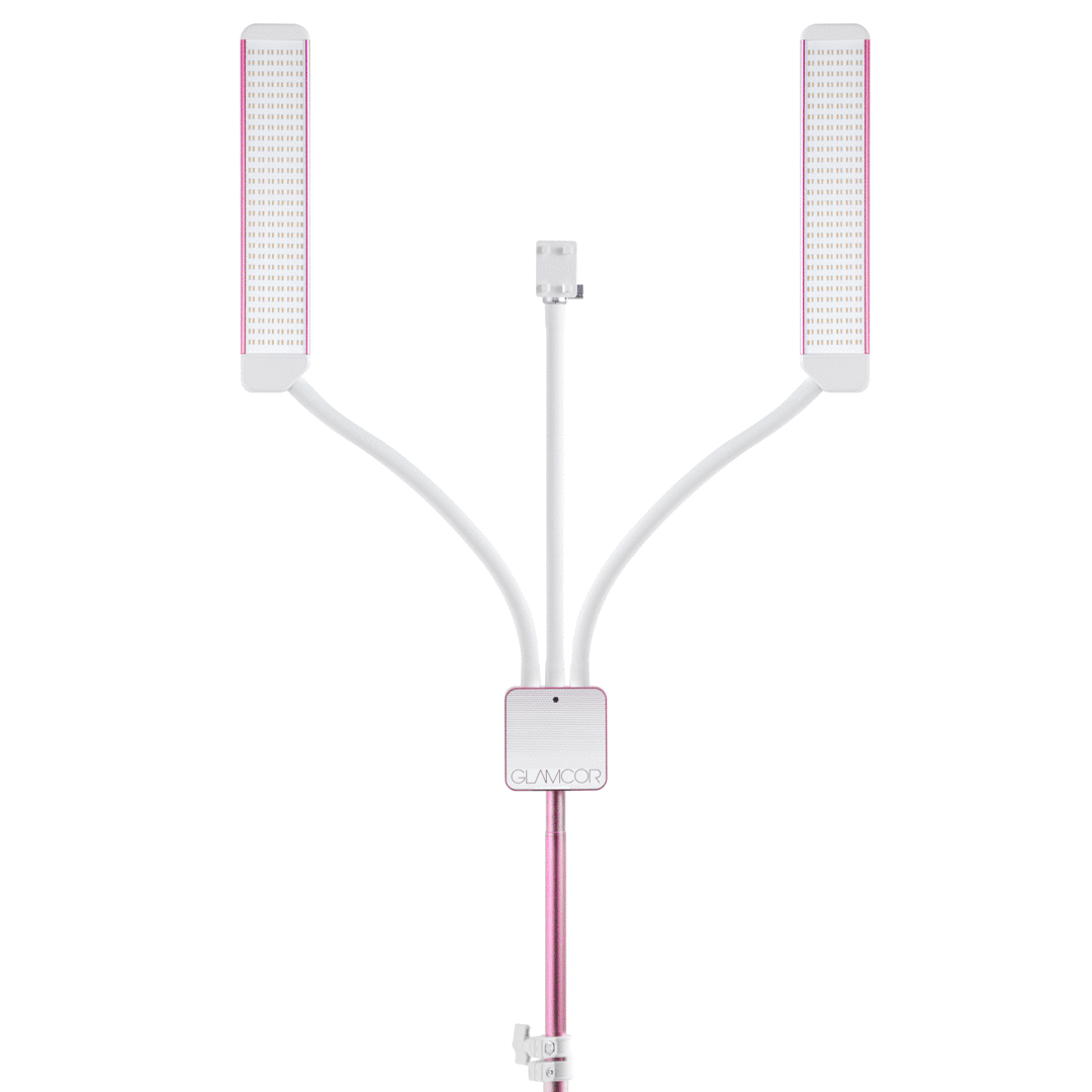 GLAMCOR MULTIMEDIA X Pro Kit in hot pink, showcasing its sleek and compact design with Universal Phone Clip, perfect for estheticians and makeup artists in need of high-quality lighting kits.