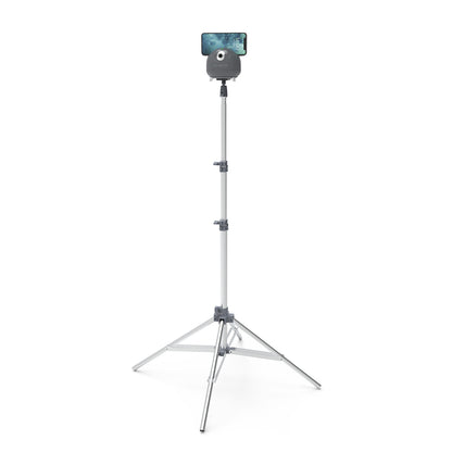 Glamcor Star Tracker: Grey version displayed on its phone stand, providing a stable base for your device, featuring advanced dual-axis gimbal technology for precise tracking.