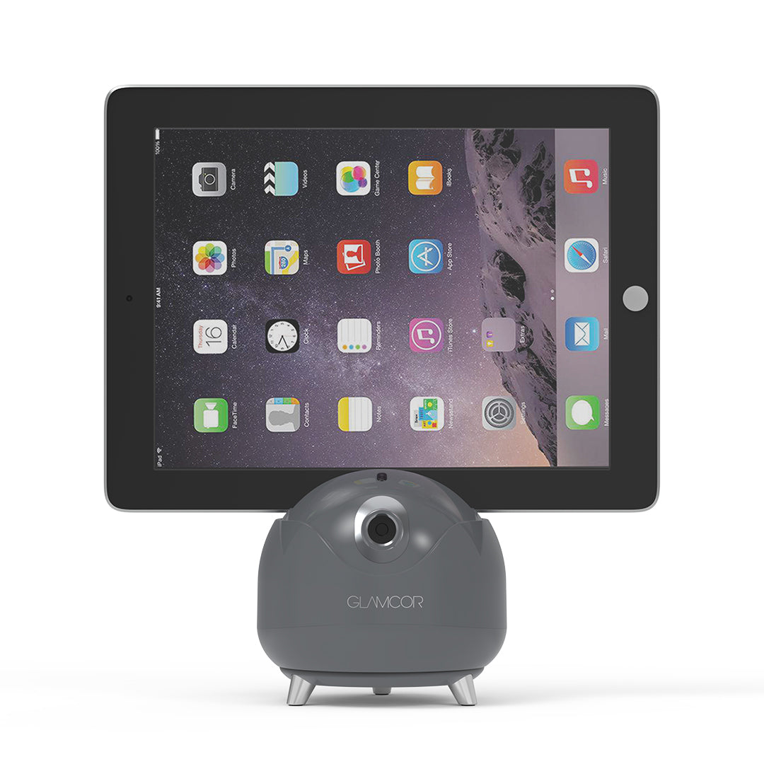 Glamcor Star Tracker: Grey tablet displayed horizontally on its stand, ensuring optimal positioning, powered by AI face tracking gimbal for smooth operation.