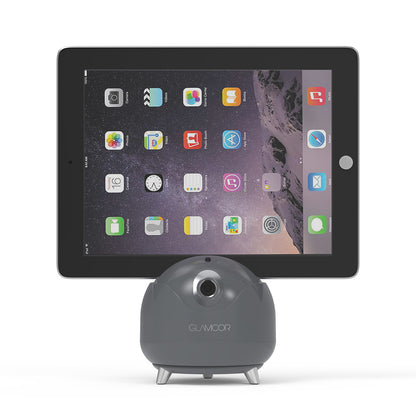 Glamcor Star Tracker: Grey tablet displayed horizontally on its stand, ensuring optimal positioning, powered by AI face tracking gimbal for smooth operation.