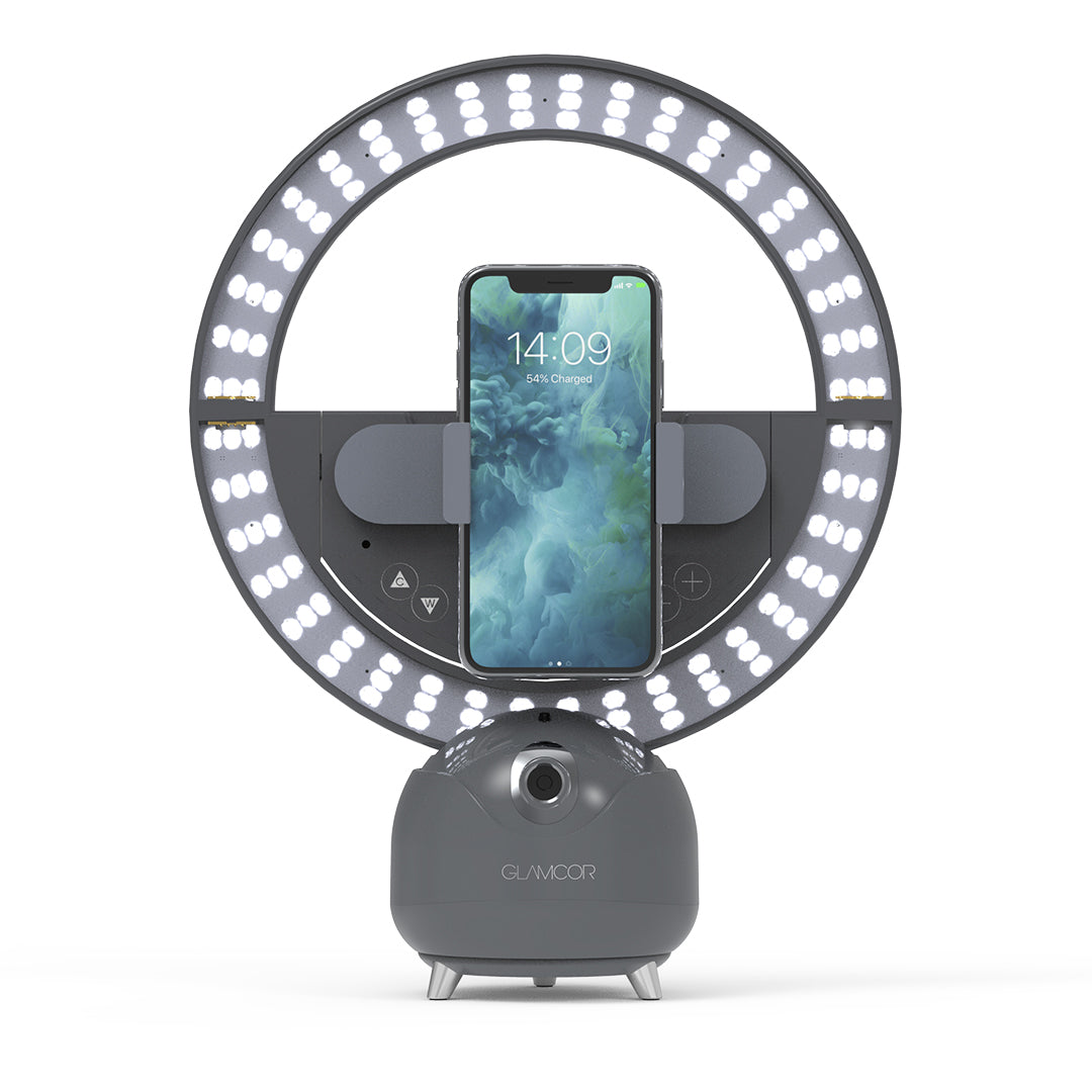 Glamcor Star Tracker: Grey version with sunrise lighting effect, showcased on its stand for an impressive display, powered by AI face tracking gimbal for seamless operation.