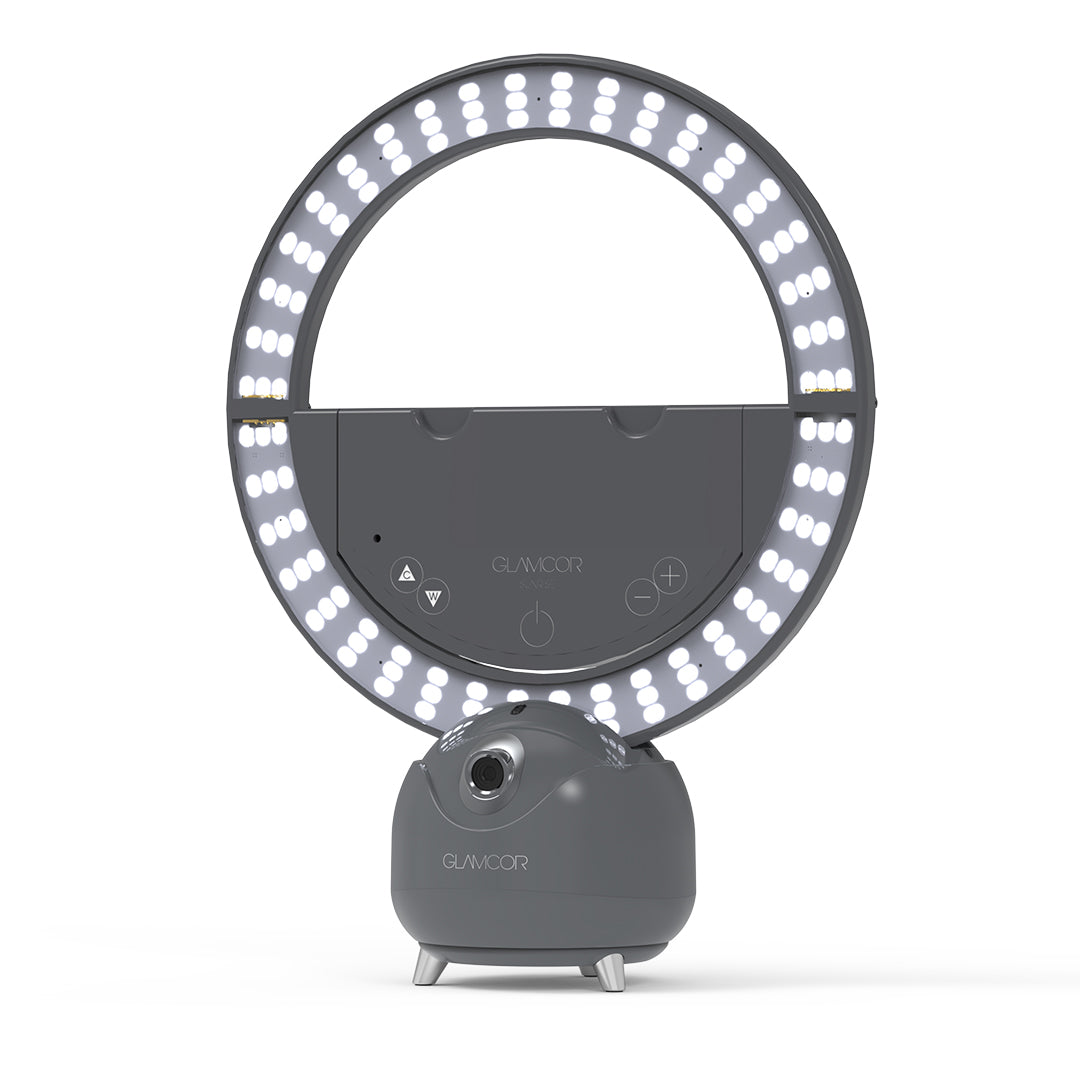 Glamcor Star Tracker: Side view of the white version with sunrise lighting effect, showcased on its stand, powered by AI face tracking gimbal for stable tracking.