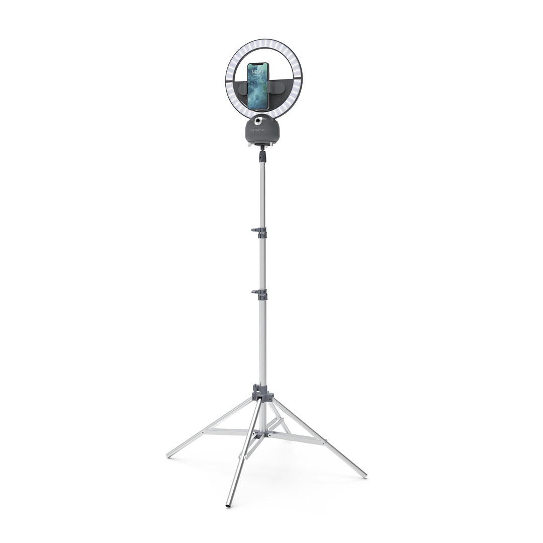 Glamcor Star Tracker: Another view of the grey version with sunrise lighting effect, elegantly presented on its stand, featuring advanced dual-axis gimbal technology.