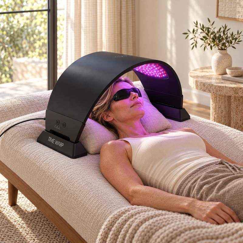 Woman relaxing under the black Time Warp dome on a daybed at home