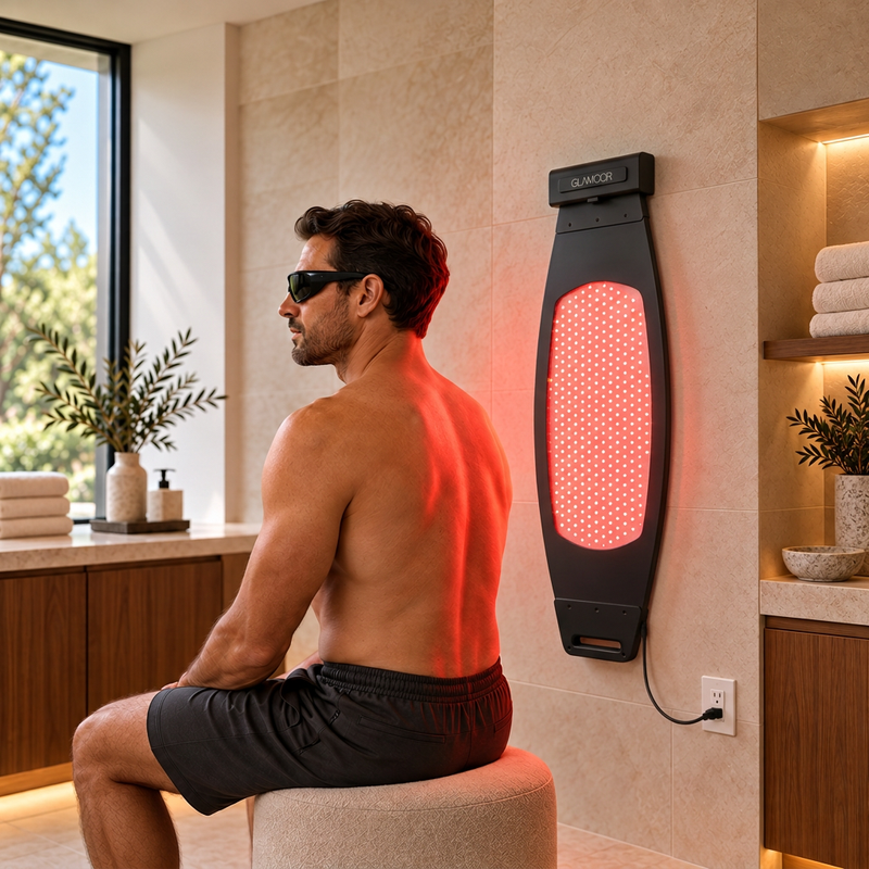 Man enjoying a red light session with the black Time Warp wall-mounted at home
