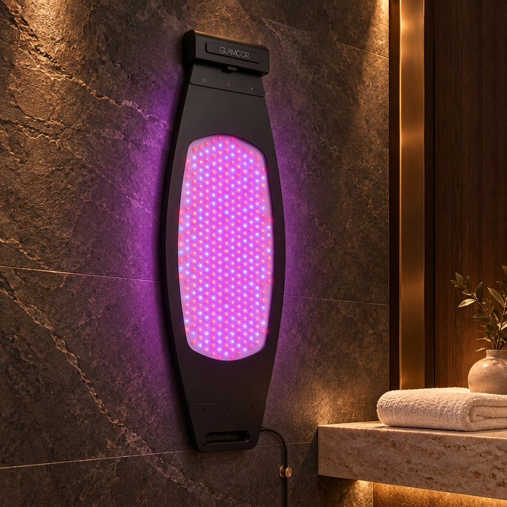 LED therapy within reach — the black TIME WARP panel mounted on a wall, keeping the treatment space uncluttered