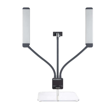 Stylish setup with the GLAMCOR Square Acrylic Table Base - Large, enhancing lighting for  any beauty or content creation project