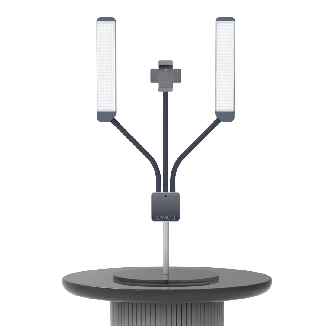 GLAMCOR MULTIMEDIA X - Light Only with Round Table Base, providing stable and adjustable lighting for professional content creation.
