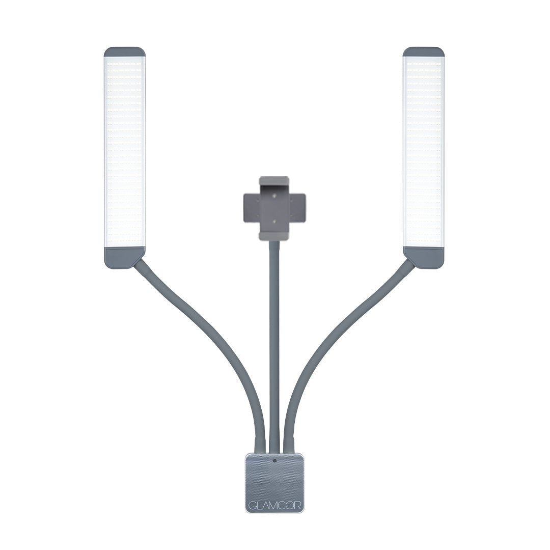 Front view of the GLAMCOR MULTIMEDIA X LED light, showcasing its sleek design.