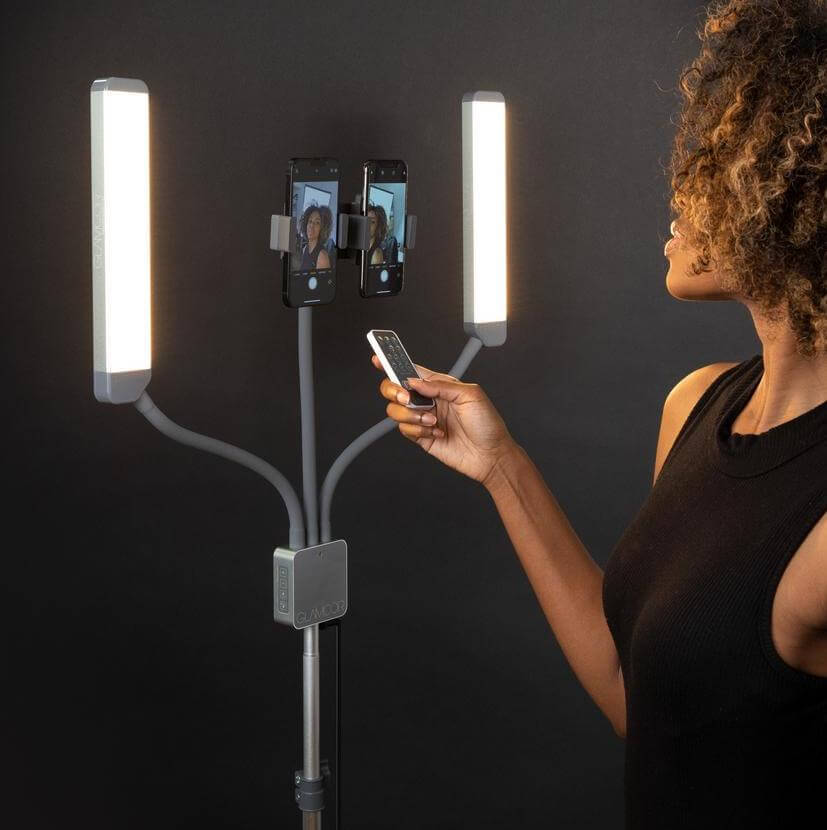 Glamcor Multimedia X Content Creation light with warm temperature setting. The light features adjustable arms and is designed for professional content creation, providing even and flattering illumination